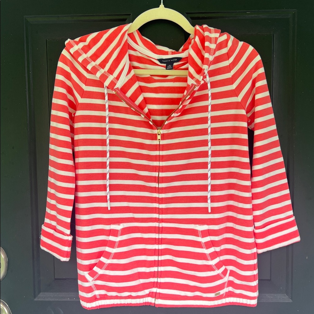 Tommy Hilfiger Coral and White Striped Hooded Zip Jacket